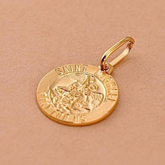 14k Real Yellow Gold Saint Michael Medal Charm St. | Michael  medallion | - Picture 3 of 5